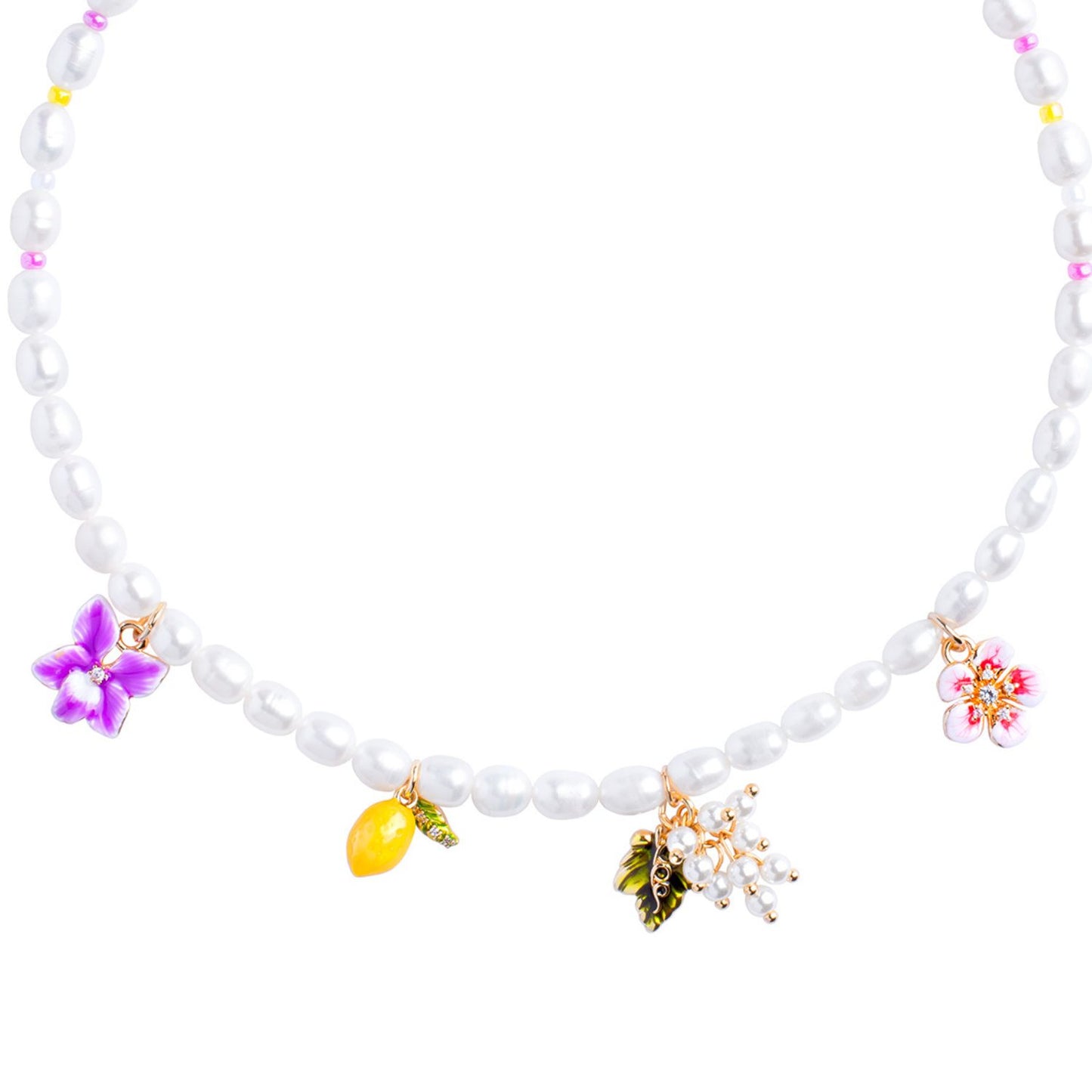 Flowers And Lemon Charms Beaded Necklace With Freshwater Natural Pearls