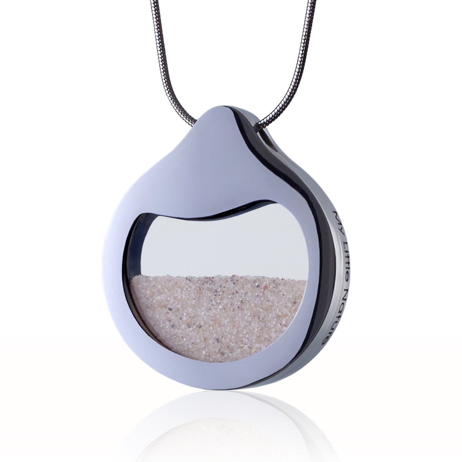 designer Barbora Adamonyte Keidune created drop shape necklace with natural beach sand under the glass and stainless steel frame on the snake chain