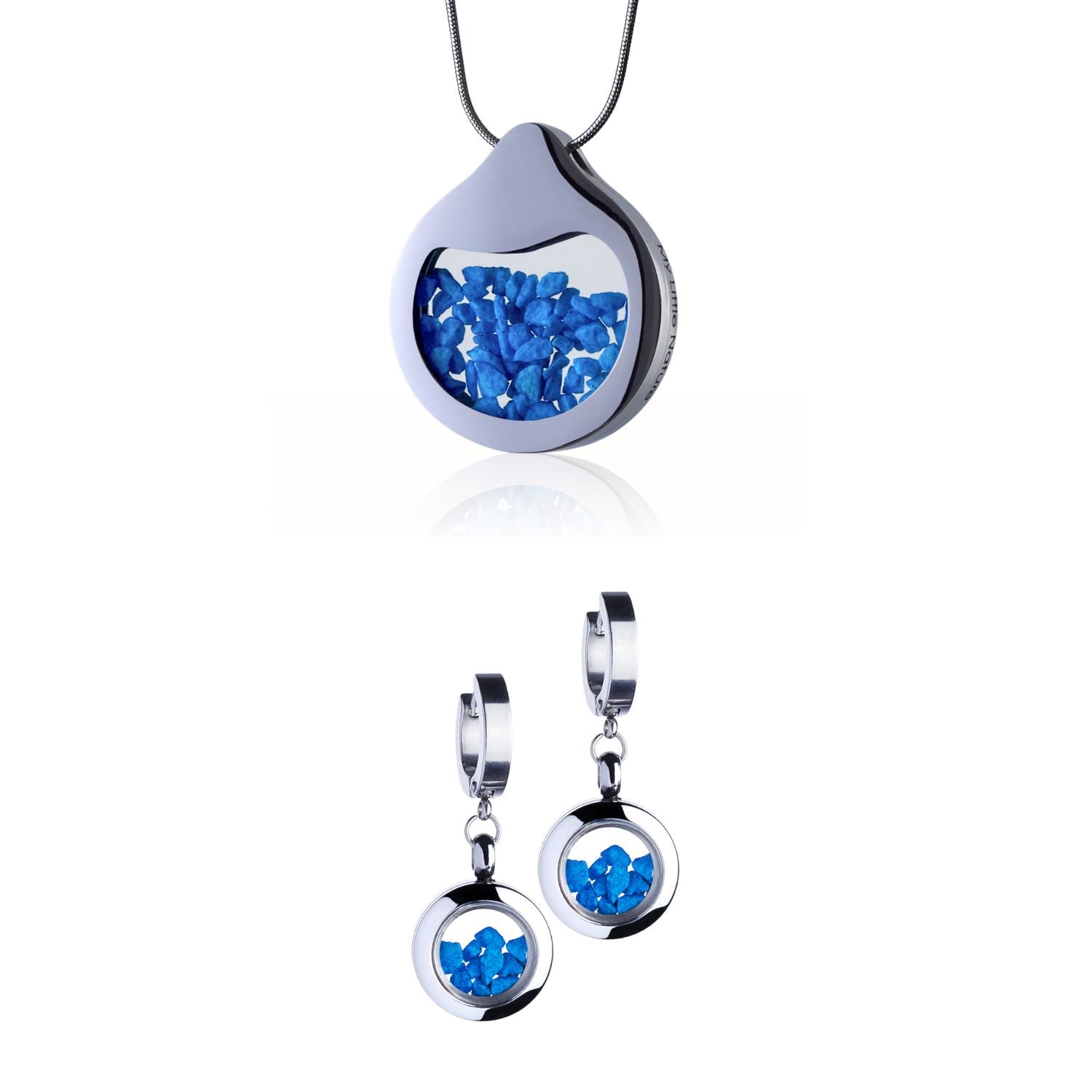 Blue Stones Jewelry Set with a designer necklace by Barbora-Adamonyte Keidune and dangle huggie earrings in stainless steel, featuring real blue stones under glass. Symbolizes serenity and emotional balance