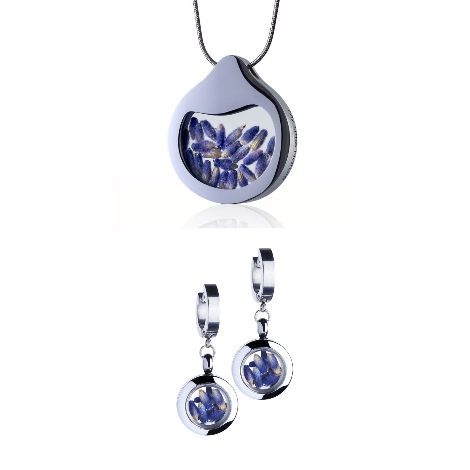 Lavender Jewelry Set with a designer necklace by Barbora-Adamonyte Keidune and dangle huggie earrings in stainless steel, featuring real lavender under glass. Symbolizes serenity and emotional balance