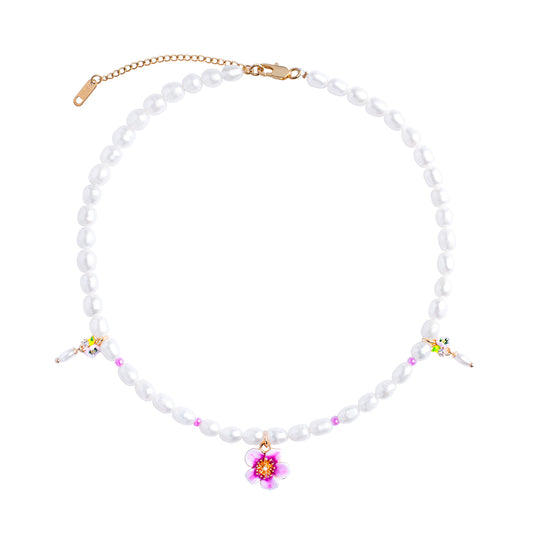 Plumeria Flower Beaded Pearls Necklace With Pink Flower Charms