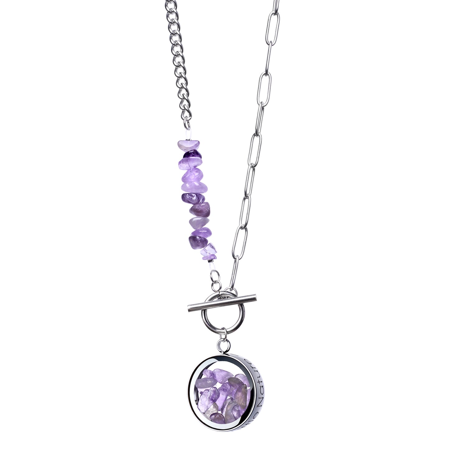 Toggle Clasp Amethyst Necklace With Beaded Chain And Charm