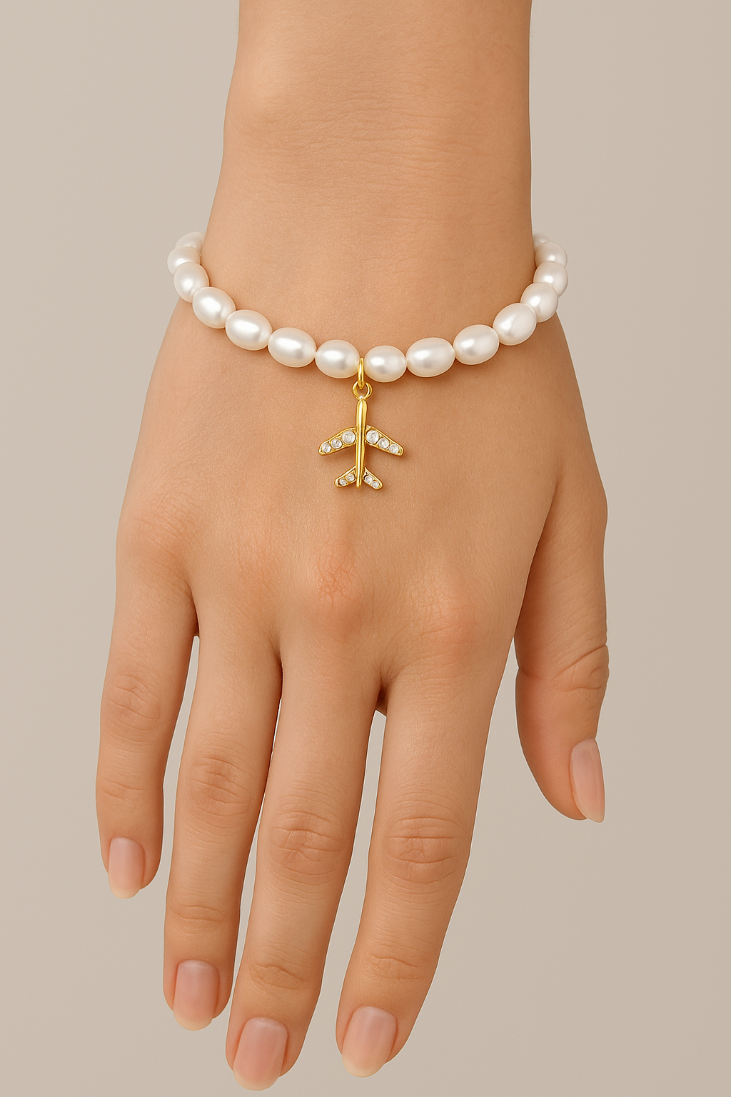Handmade Natural Pearl Bracelet with Magnetic Clasp and Plane Charm – Travel-Inspired Jewelry Gift
