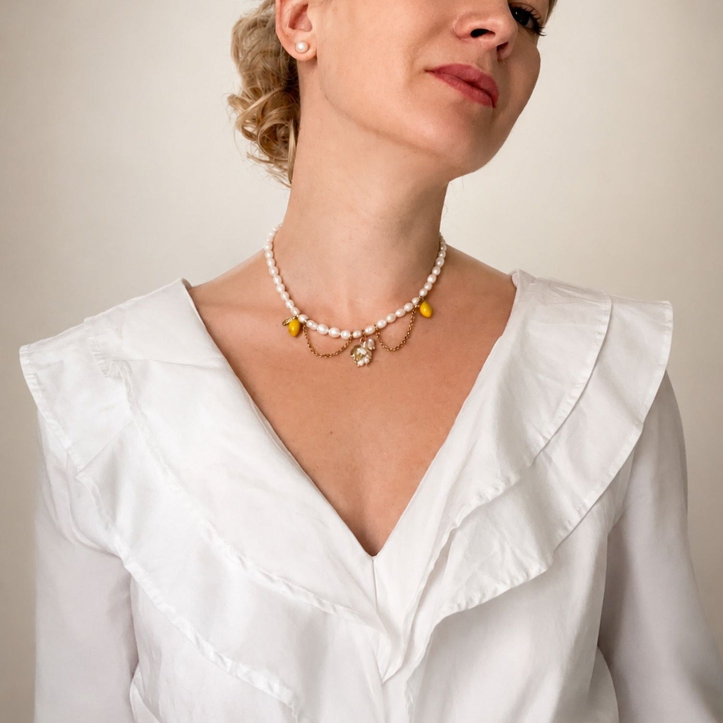 Natural Freshwater Pearls Necklce With Lemon Charms - Modern Bridal Pearl Necklace