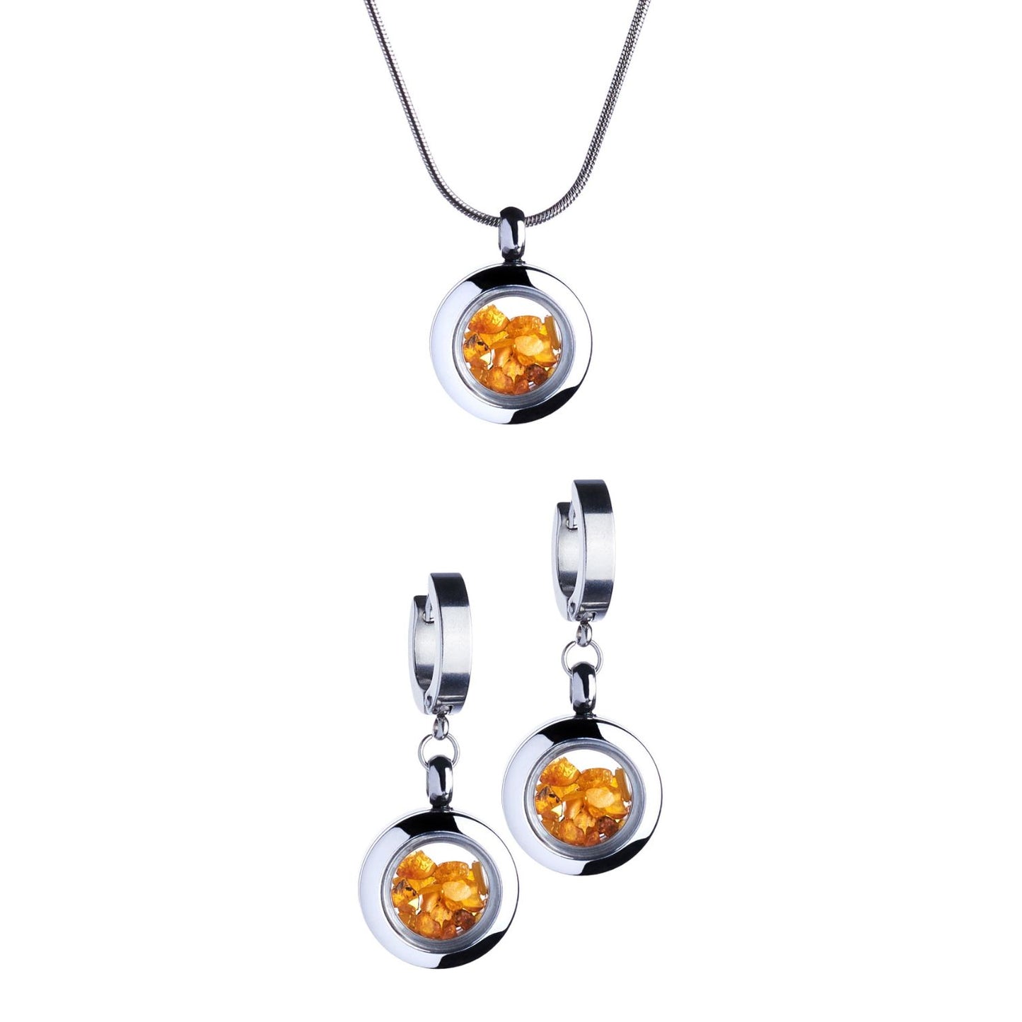 Handmade amber jewelry set with drop earrings and a delicate necklace, featuring genuine amber gemstones encased in glass and crafted from premium stainless steel. Symbolizes eternal love and positive energy.