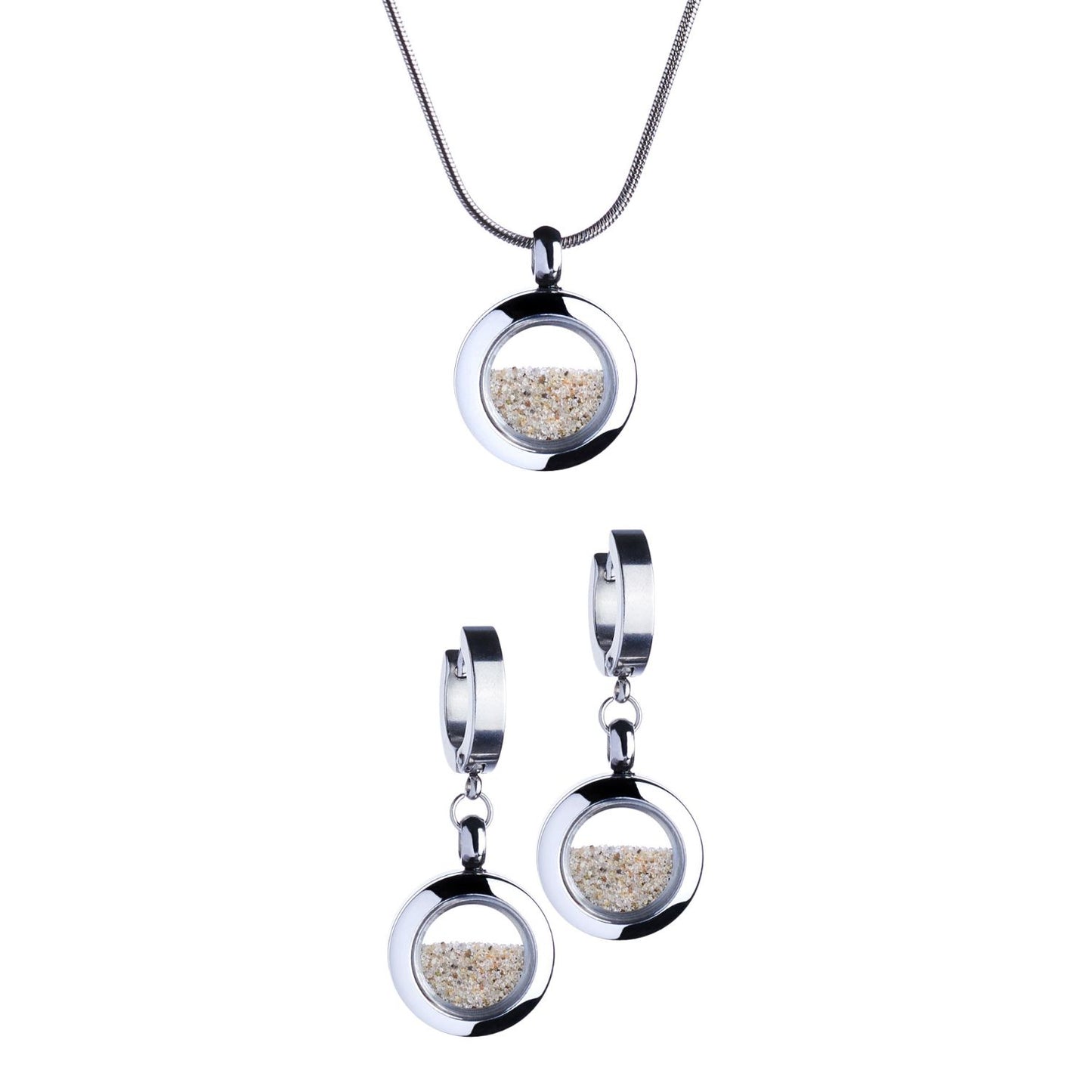 jewelry set wih dangling earrings and small necklace pendant filled with natural beach sand in a silver color