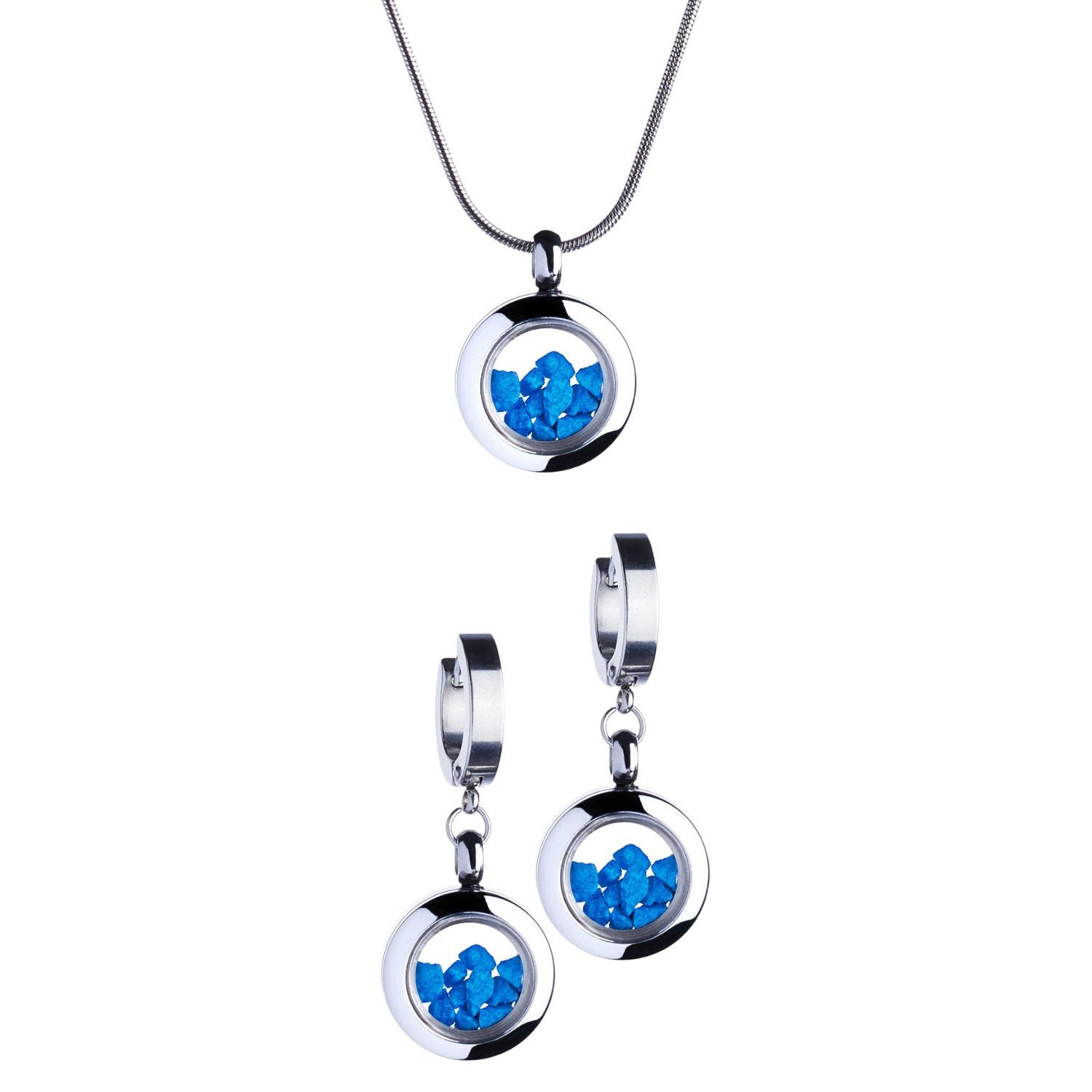 Handmade blue stones jewelry set featuring drop earrings and a tiny necklace in stainless steel, with blue stones under glass. Symbolizes inner strength, clarity, and confidence.