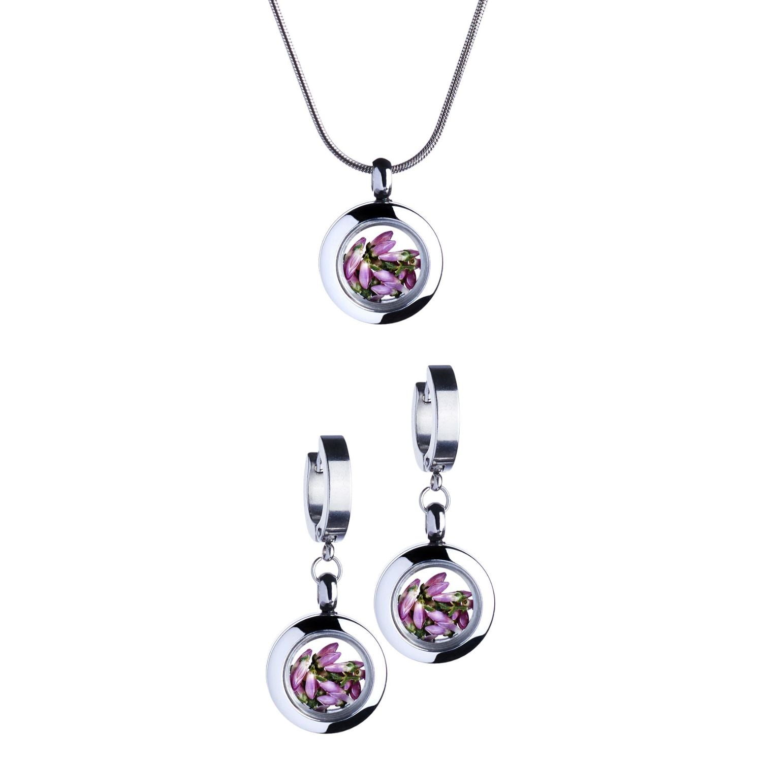 Handmade heather jewelry set with drop earrings and a tiny necklace in stainless steel, featuring real heather under glass. Symbolizes resilience, strength, and healing.

