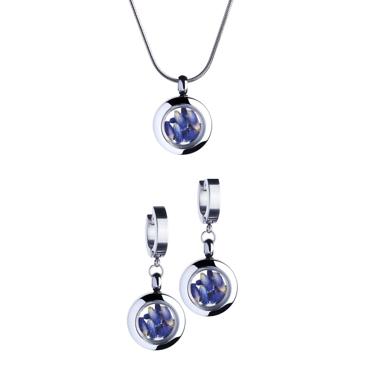 Handmade lavender jewelry set with drop earrings and a tiny necklace in stainless steel, featuring real lavender under glass. Symbolizes calm, peace, and positivity.