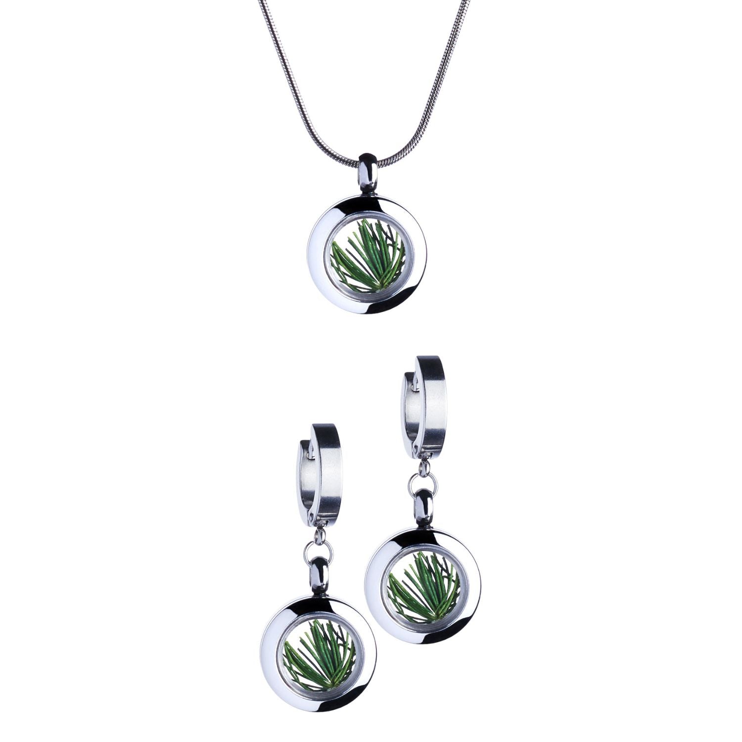 Handmade pine needles jewelry set with drop earrings and a tiny necklace in stainless steel, featuring real pine needles under glass. Symbolizes eternal vitality, growth, and renewal.