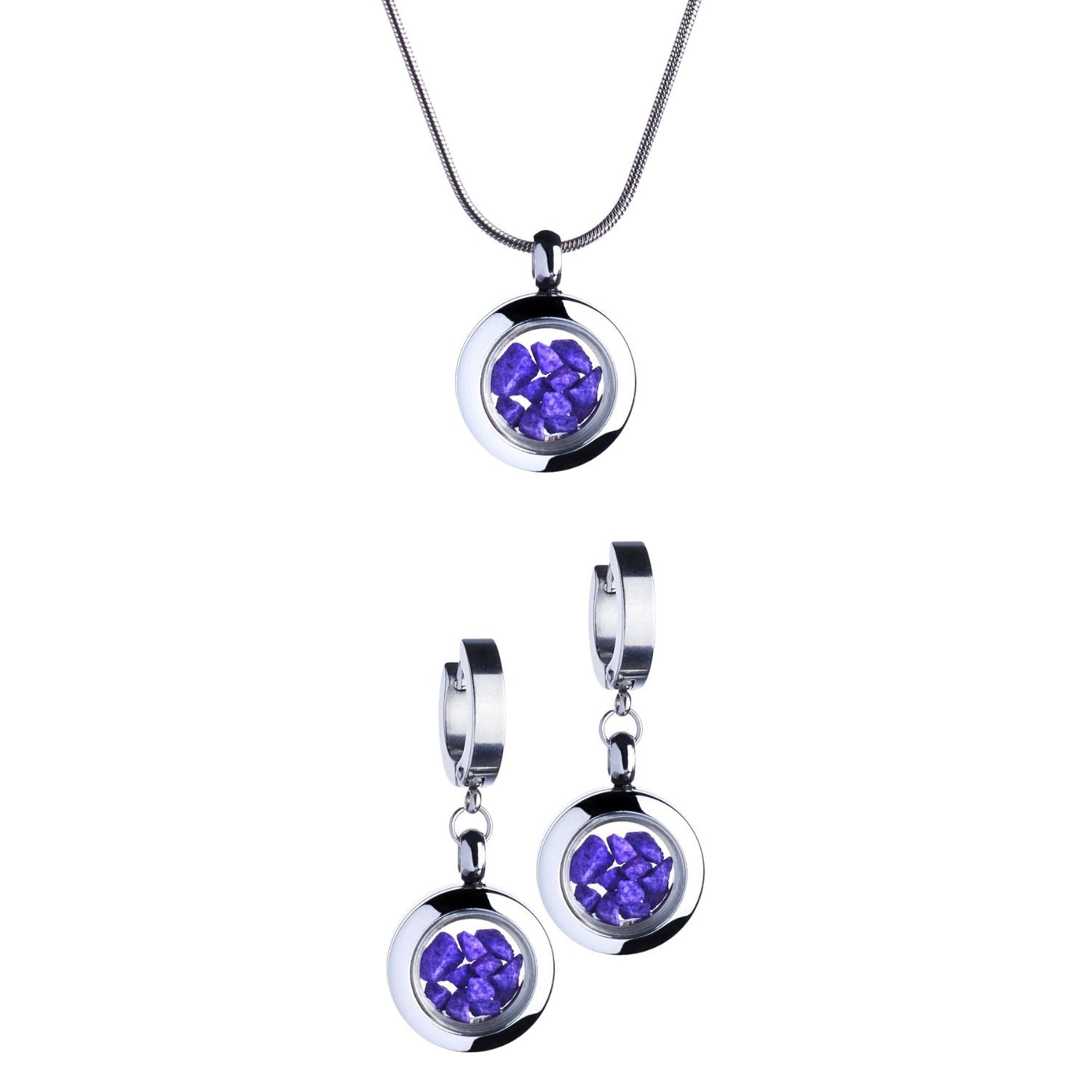 Handmade purple stones jewelry set featuring drop earrings and a tiny necklace in stainless steel, with purple stones under glass. Symbolizes creativity, intuition, and spiritual growth.