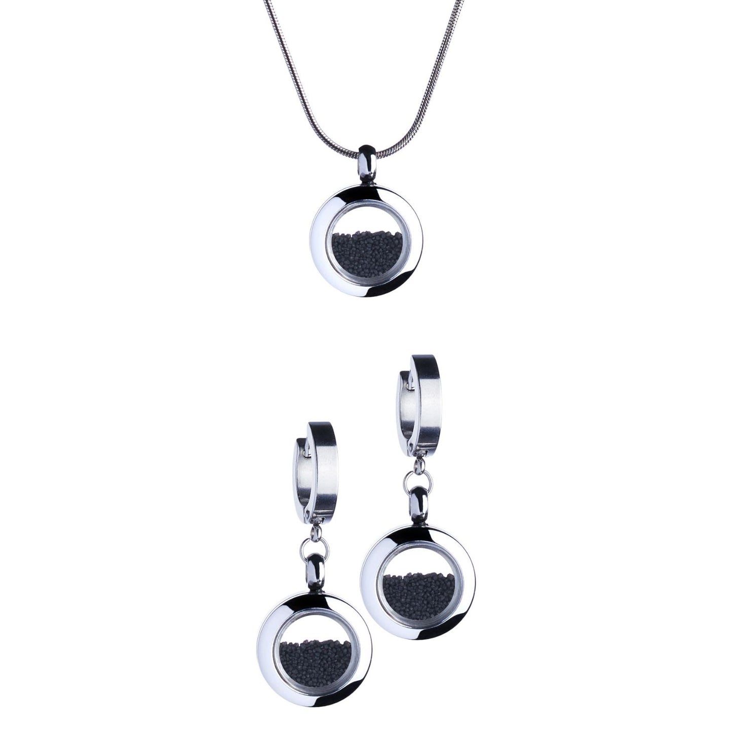 Handmade volcanic sand jewelry set with drop earrings and a tiny necklace in stainless steel, featuring volcanic sand under glass. Symbolizes strength, resilience, and transformation.