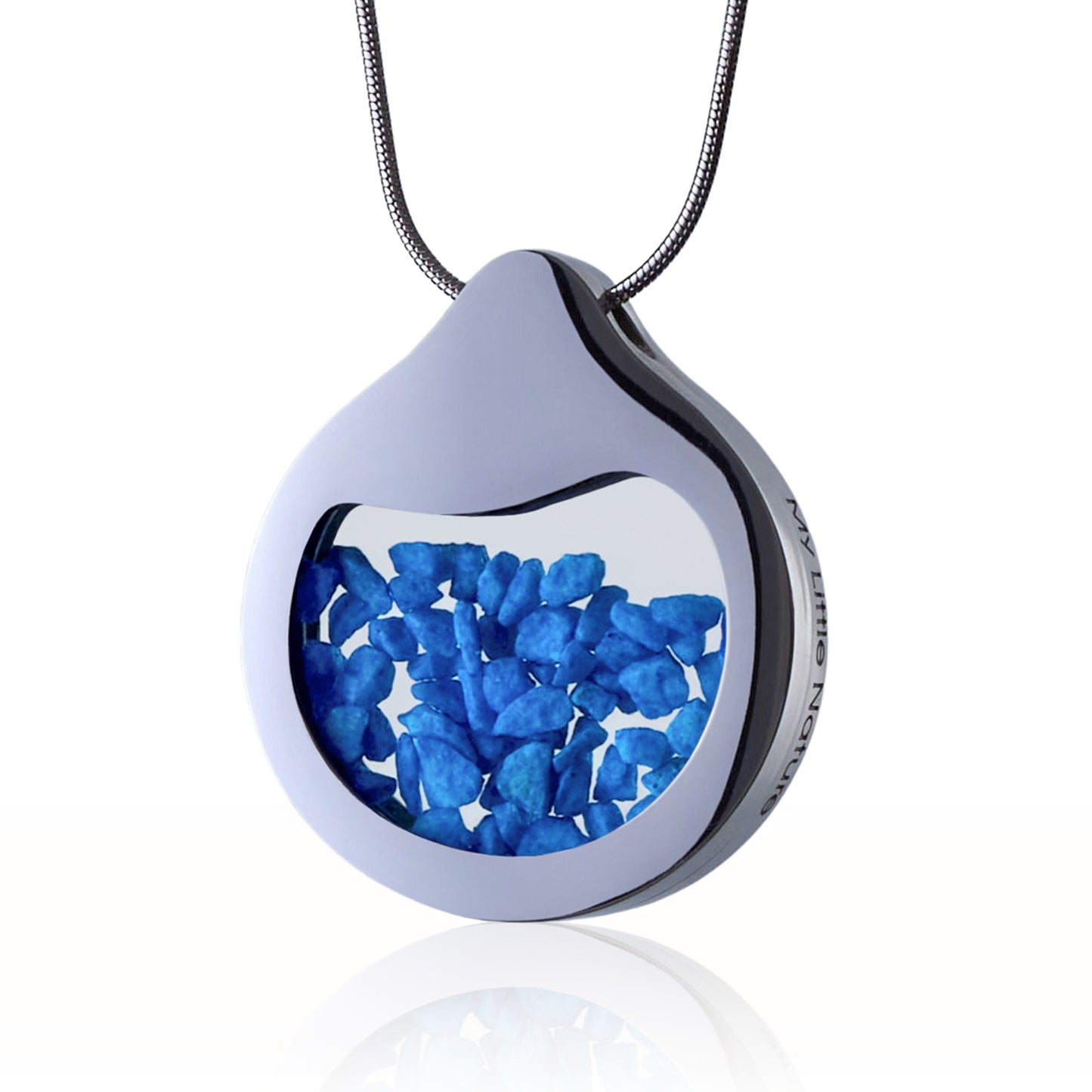 Handcrafted blue stone pendant necklace with drop-shaped design in a stainless steel frame