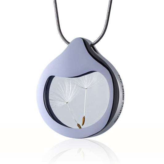 Handcrafted dandelion seed pendant necklace with drop-shaped design in a stainless steel frame.