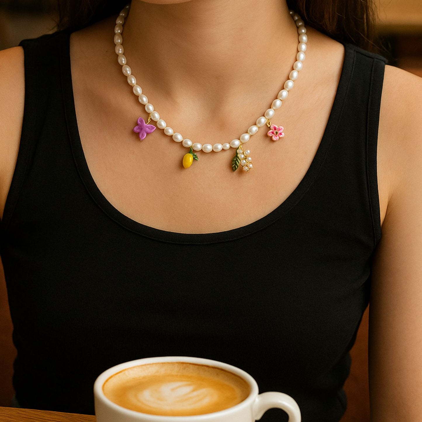 Flowers And Lemon Charms Beaded Necklace With Freshwater Natural Pearls