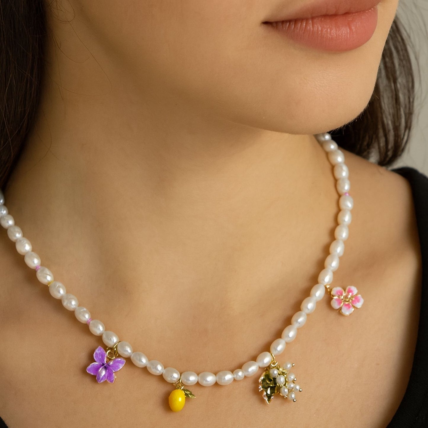 Flowers And Lemon Charms Beaded Necklace With Freshwater Natural Pearls