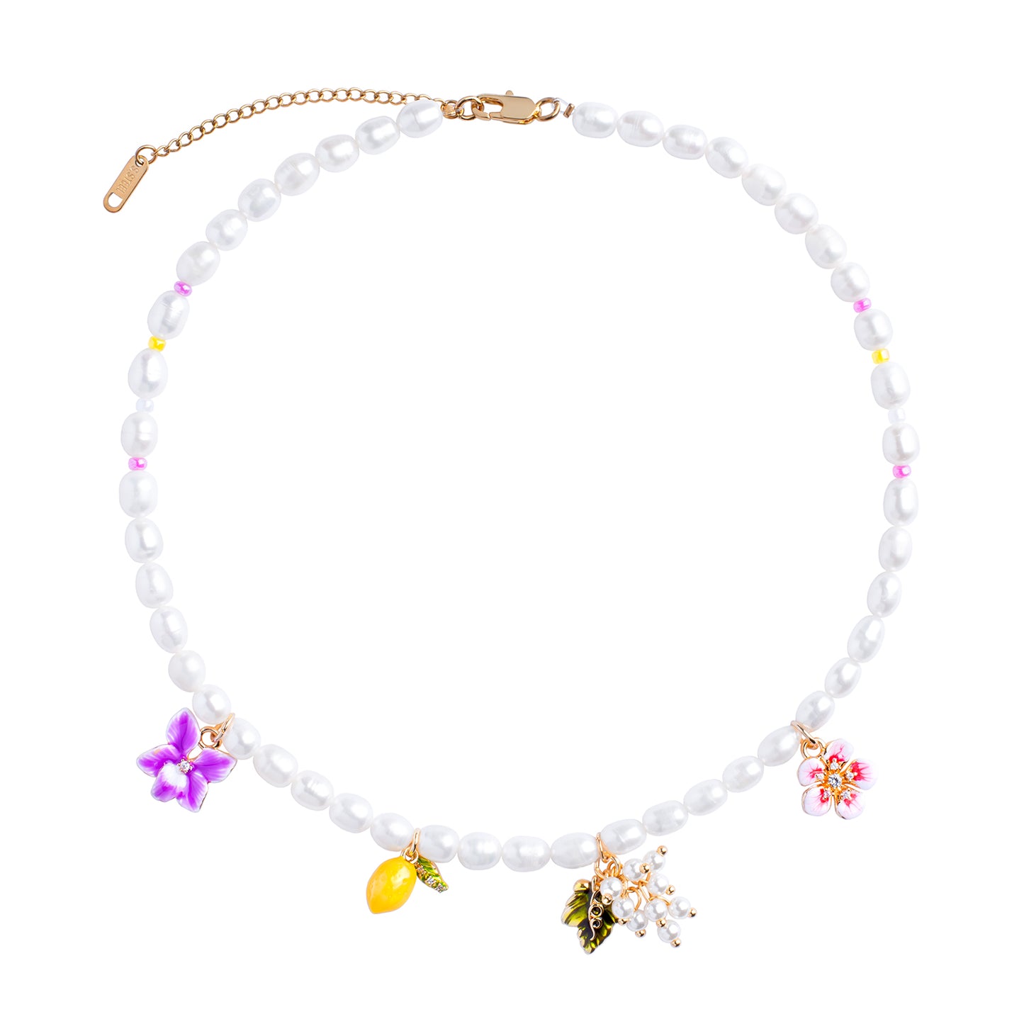 Flowers And Lemon Charms Beaded Necklace With Freshwater Natural Pearls