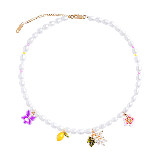 Flowers And Lemon Charms Beaded Necklace With Freshwater Natural Pearls