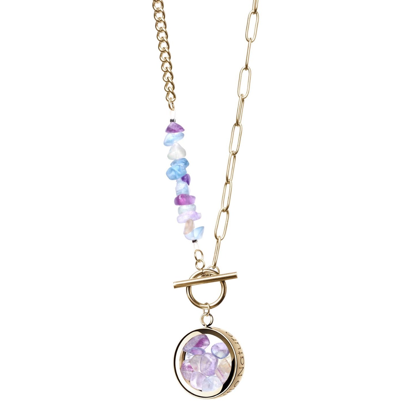 Toggle Clasp Fluorite Necklace With Gold Plated Beaded Chain And Charm