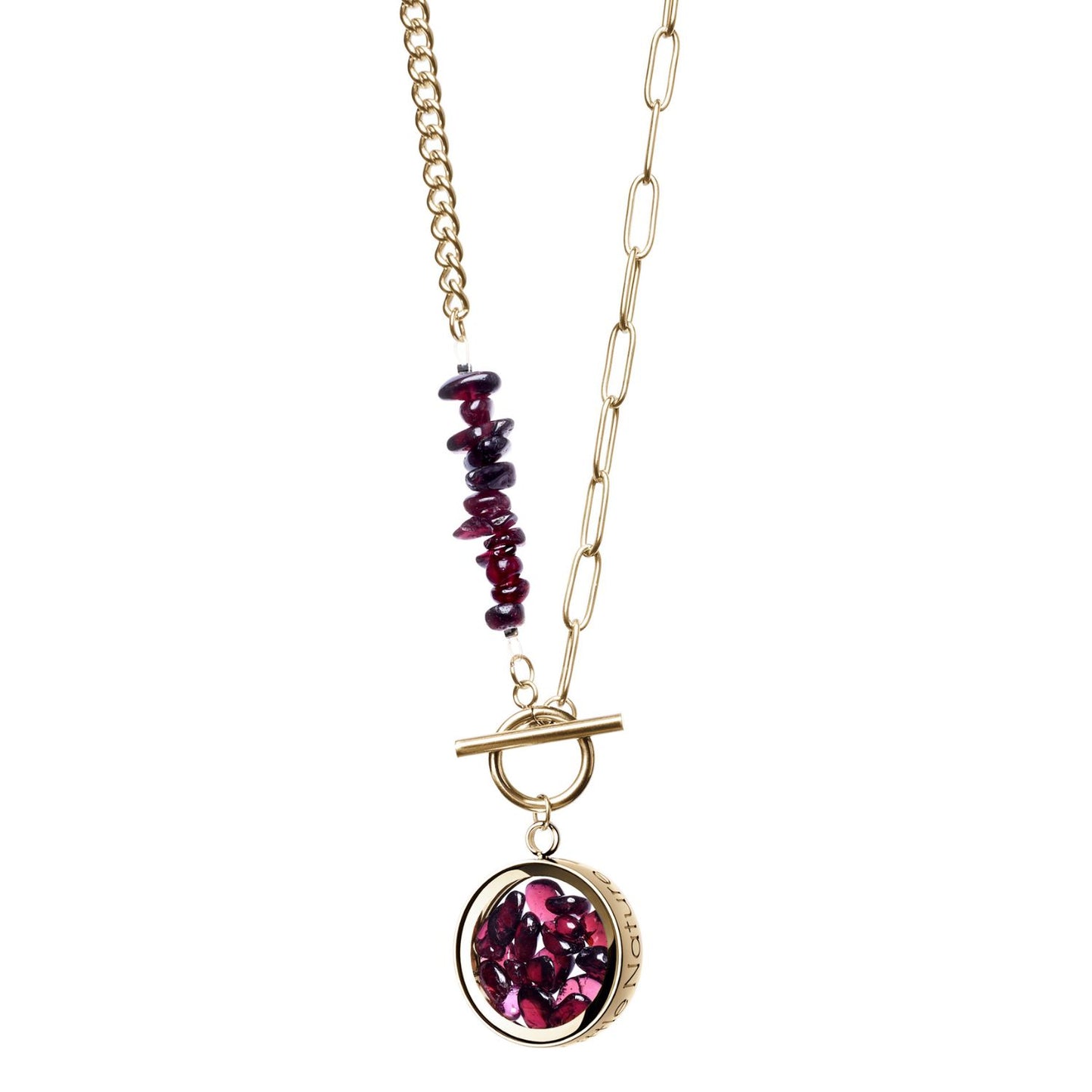 Toggle Clasp Garnet Necklace With Beaded Gold Plated Chain And Charm