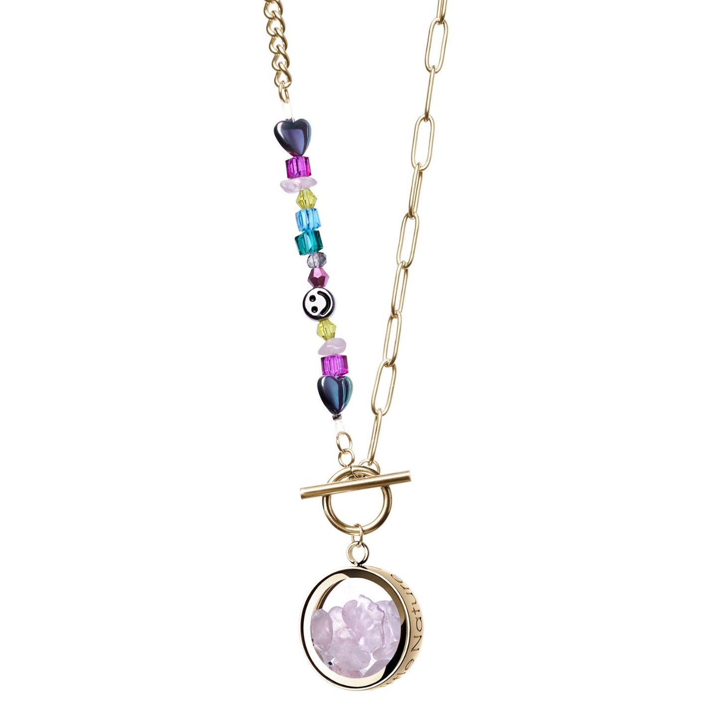 Rose Quartz Necklace With Joyful Beaded Toggle Clasp Gold Plated Chain