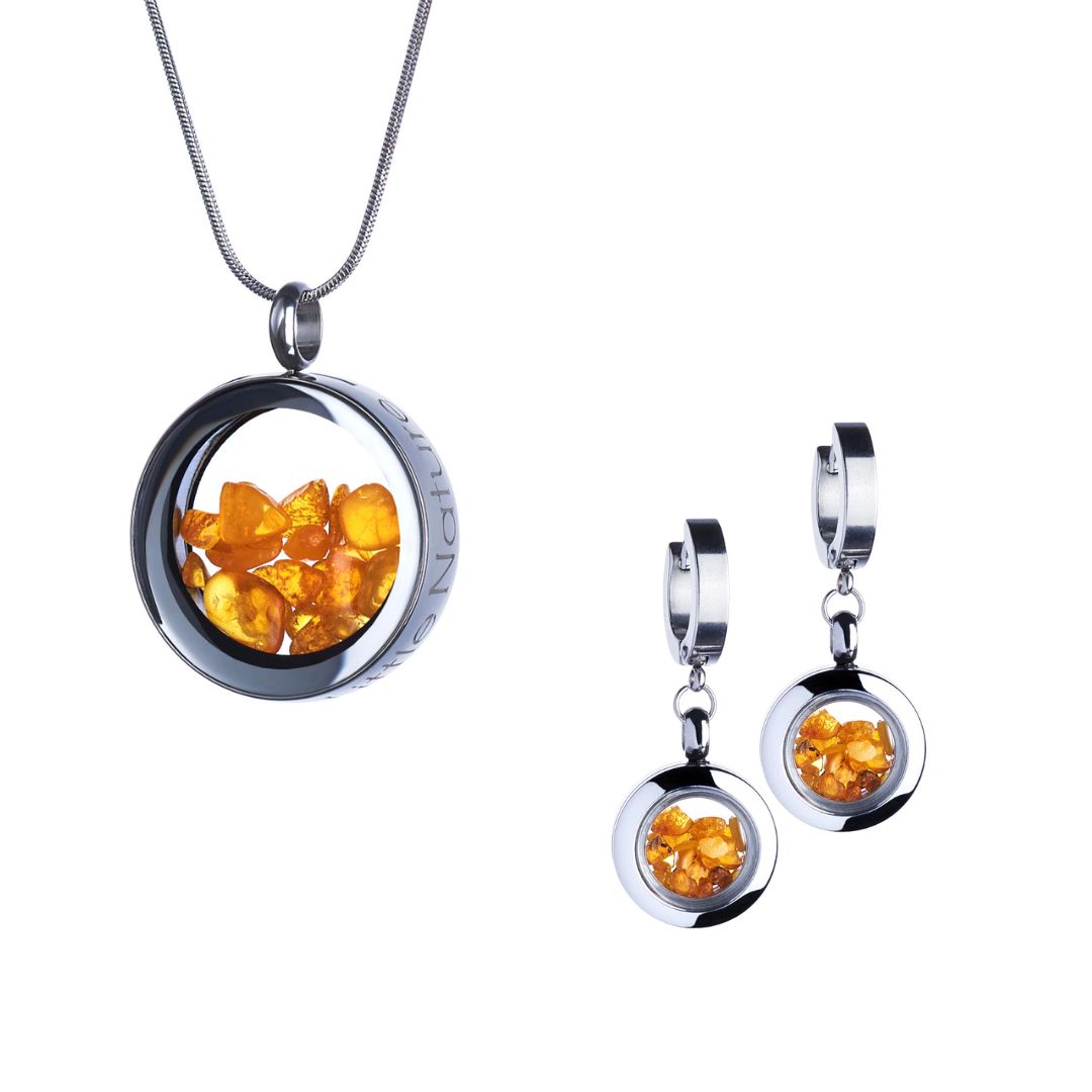 Amber Jewelry Gift Set featuring dangle huggie earrings and a magnified nature necklace in stainless steel, with genuine amber stones under glass. Symbolizes eternal love and passion.