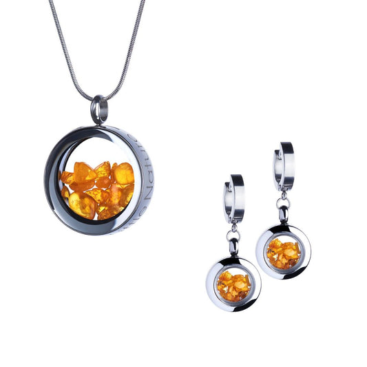 Amber Jewelry Gift Set featuring dangle huggie earrings and a magnified nature necklace in stainless steel, with genuine amber stones under glass. Symbolizes eternal love and passion.