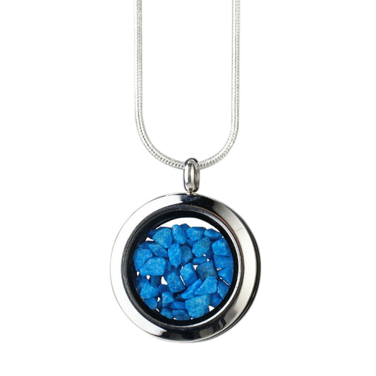 Handmade blue stones amulet with genuine blue stones encased in glass and set in stainless steel, symbolizing inner peace, clarity, and strength.