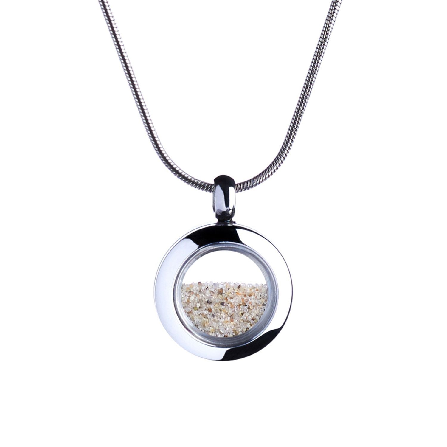  a circular handcrafted tiny size pendant with a clear glass center filled with fine sand made from stainless steel