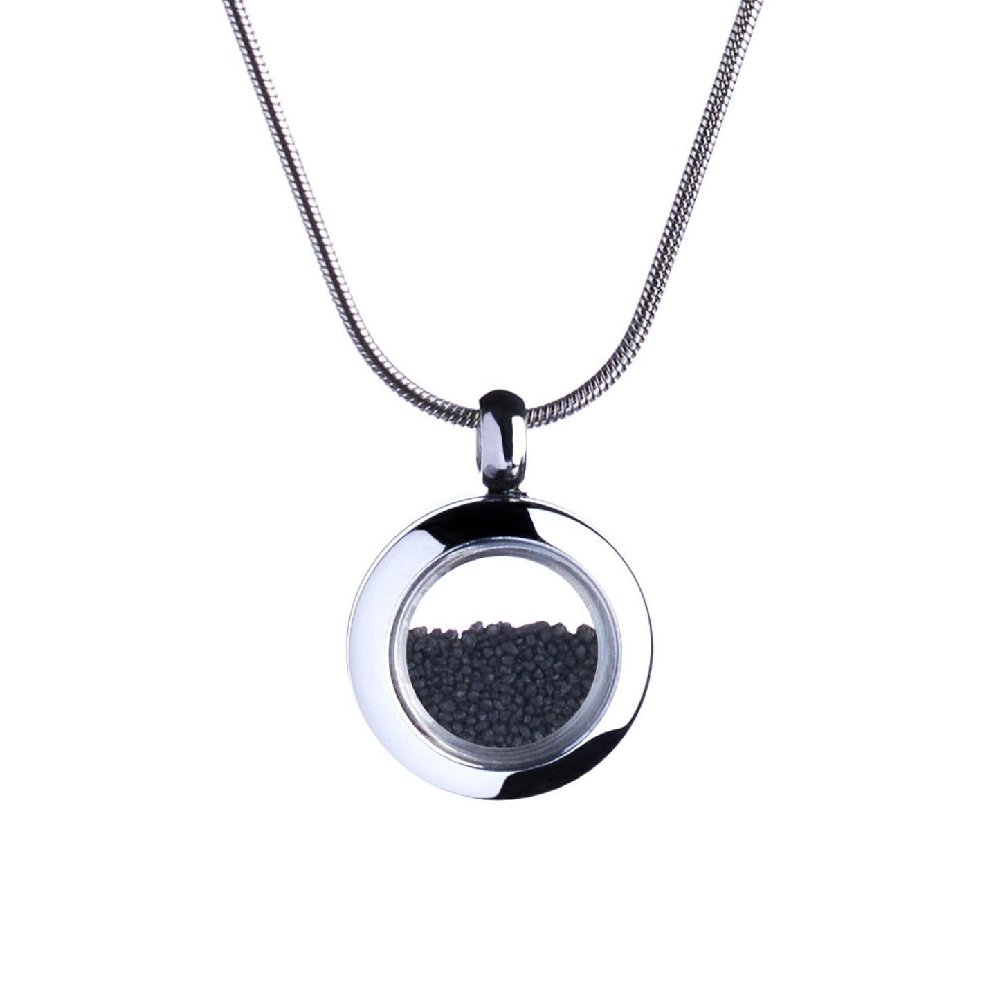 An exquisite handmade necklace featuring a black volcanic sand under the clear glass with snake chain