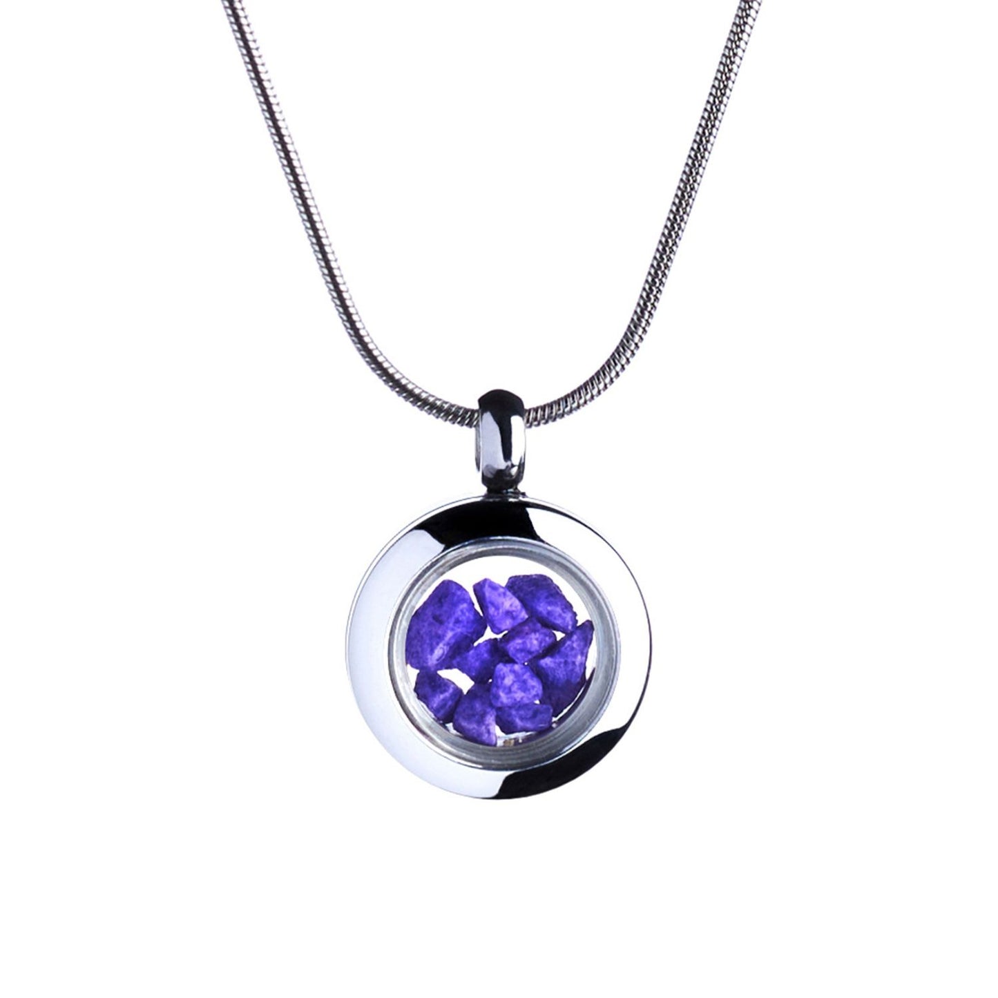 A handmade purple stone pendant elegantly displayed on a silver chain, showcasing its vibrant color and refined design.