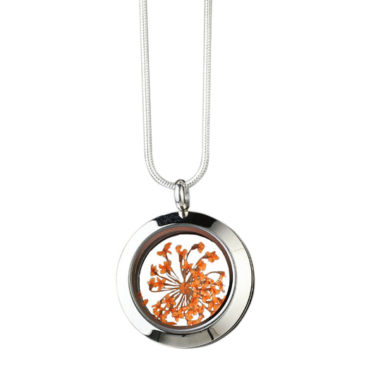 Handmade Carrot Flower Amulet with genuine carrot flowers encased in glass and set in stainless steel, symbolizing growth, nourishment, and personal development.