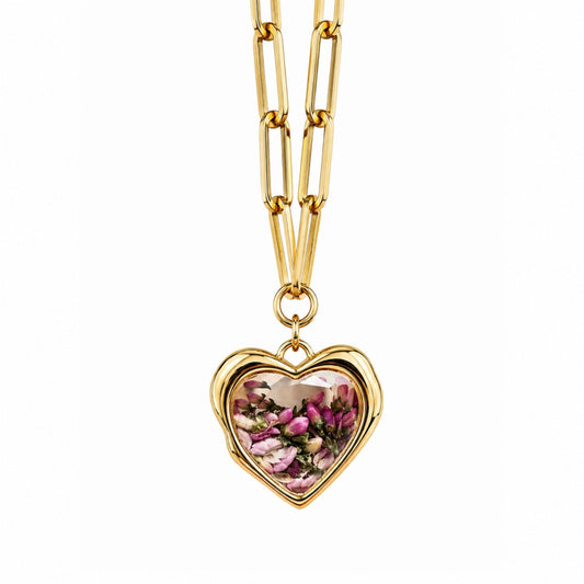 Golden Heart Floral Pendant Necklace With Heather