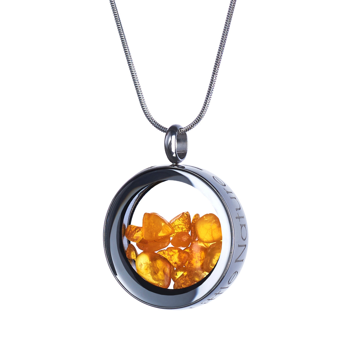 Handmade magnified amber necklace showcasing real amber under a glass lens, symbolizing love, health, and positivity. Unique nature-inspired jewelry piece