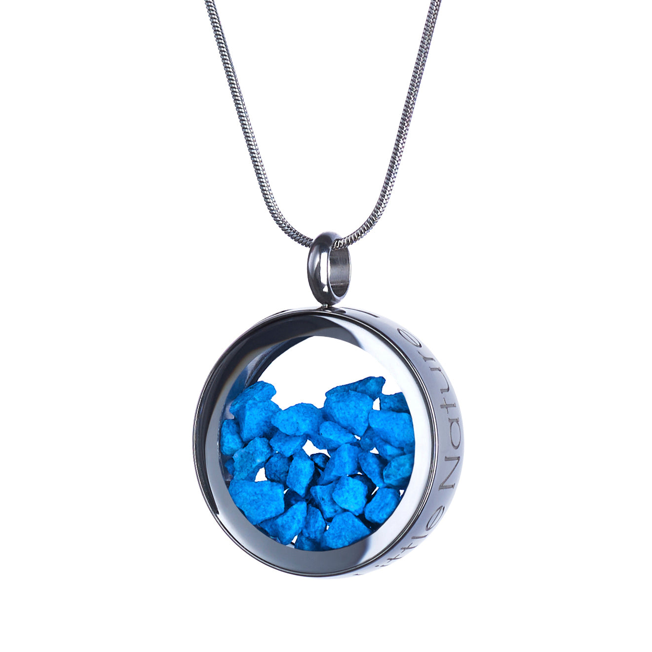 Handmade magnified blue stones necklace featuring genuine blue stones under a glass lens, symbolizing resilience, strength, and inner power. Nature-inspired jewelry piece