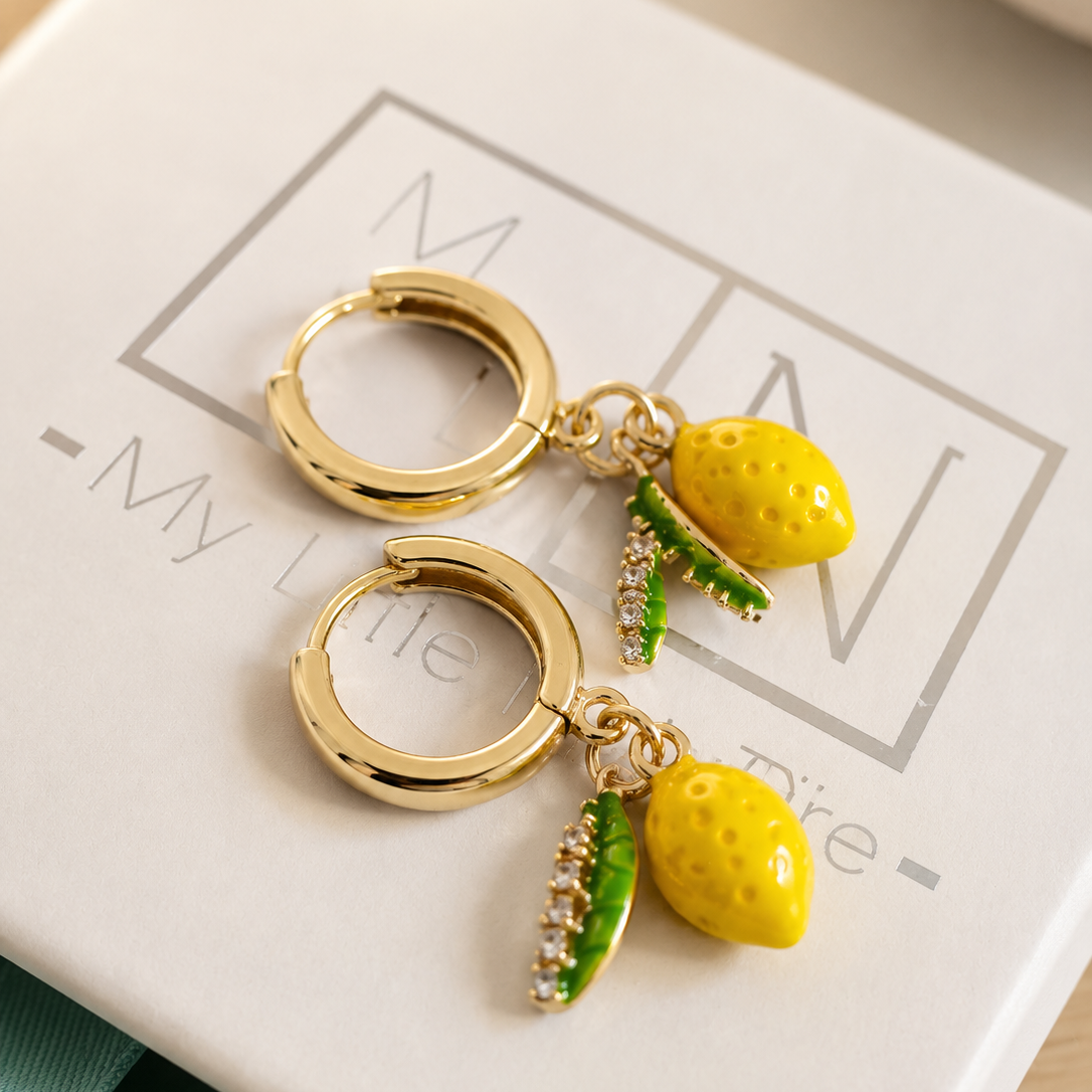 Lemon Charms Hoop Earrings – 14K Gold Plated Fruit Earrings