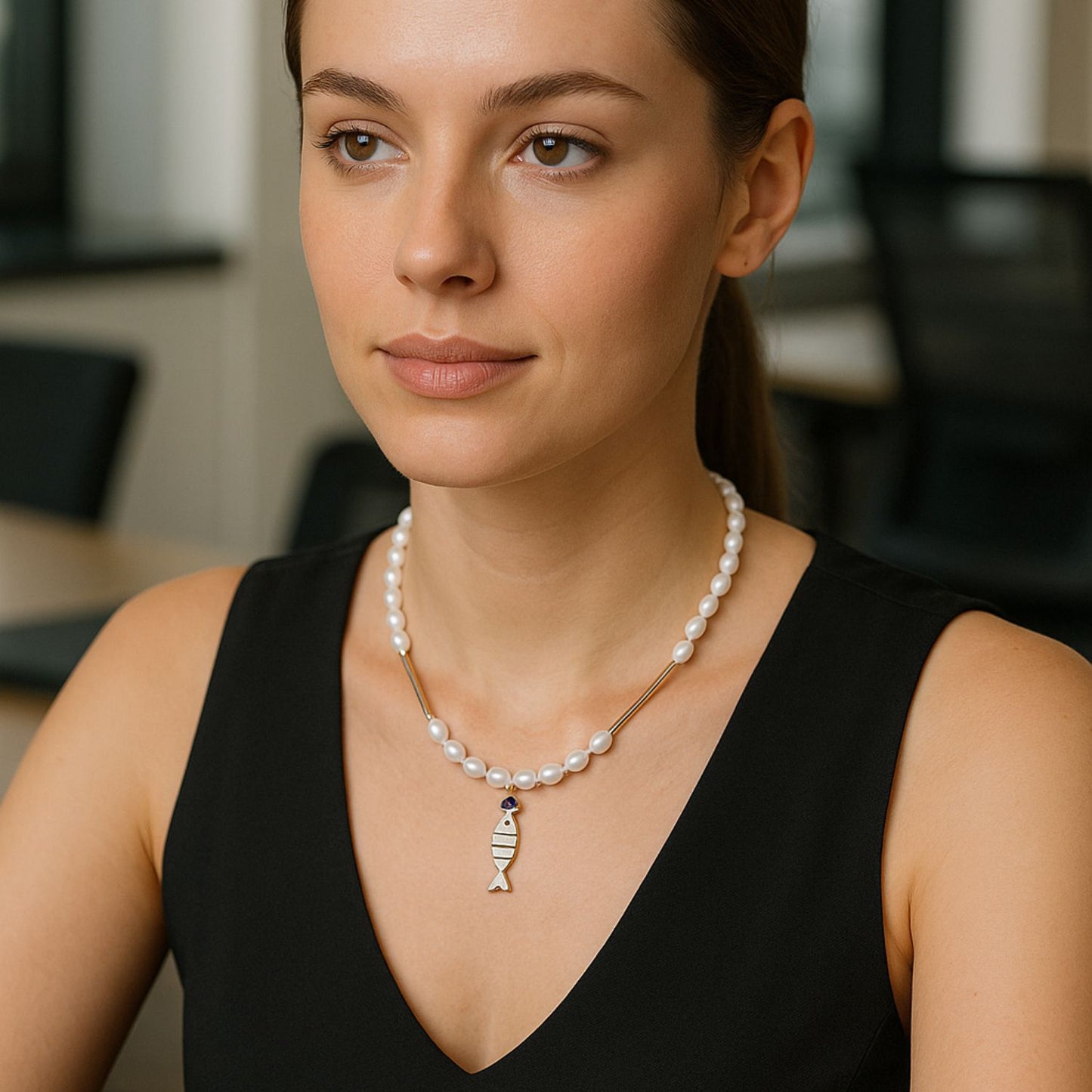 Freshwater Pearls Necklace With Sardine Lucky Fish Charm Austrian Glass Cubes And Metal Tubes