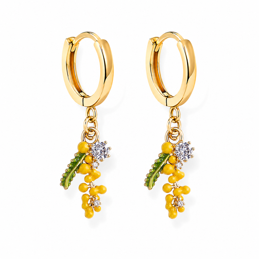 Mimosa Flower Hoop Earrings – 14K Gold Plated Floral Earrings
