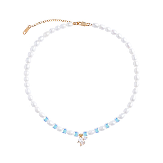 Natural Freshwater Pearls Necklace With Austrian Glass Beads and Delicate Flower Charm