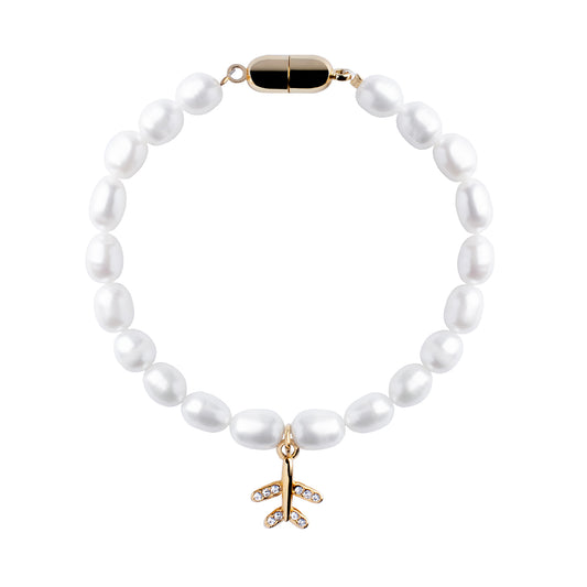 Handmade Natural Pearl Bracelet with Magnetic Clasp and Plane Charm – Travel-Inspired Jewelry Gift