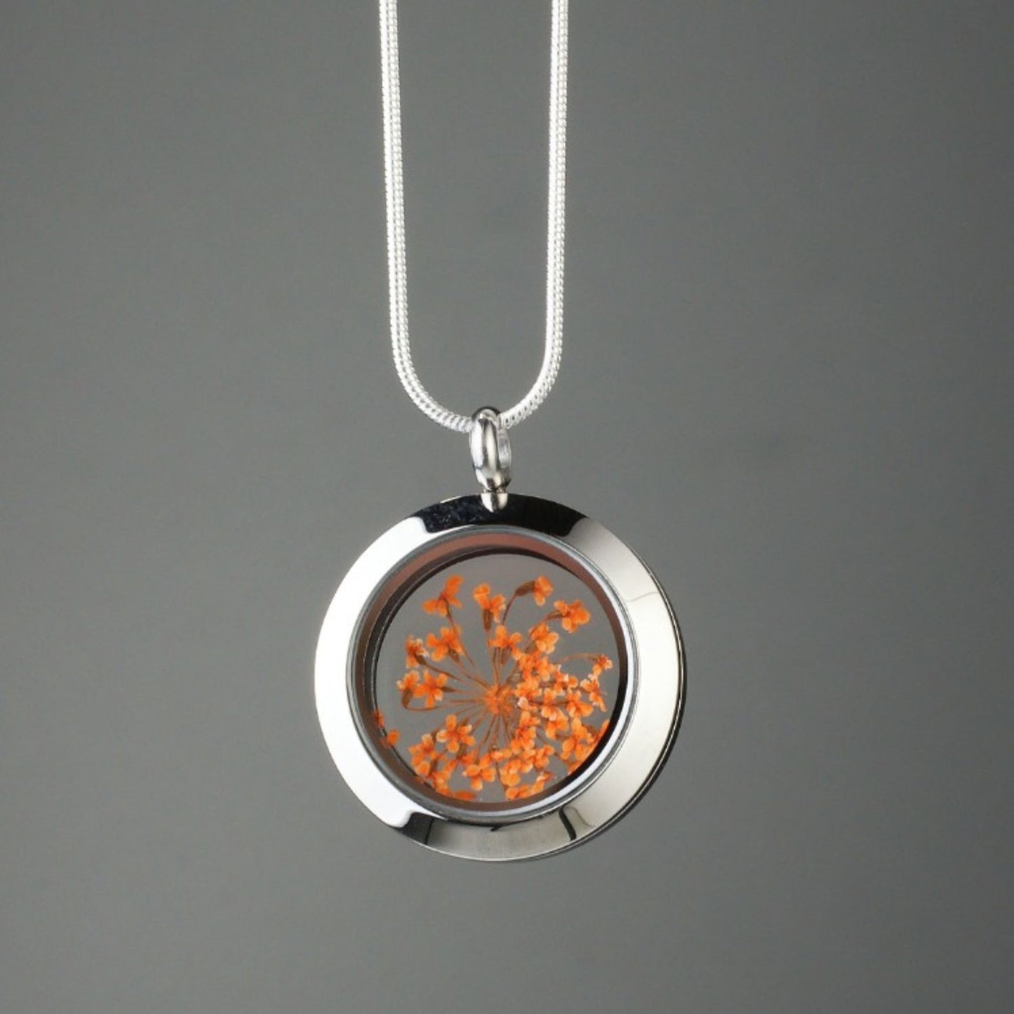 Handmade Carrot Flower Amulet with genuine carrot flowers encased in glass and set in stainless steel, symbolizing growth, nourishment, and personal development.