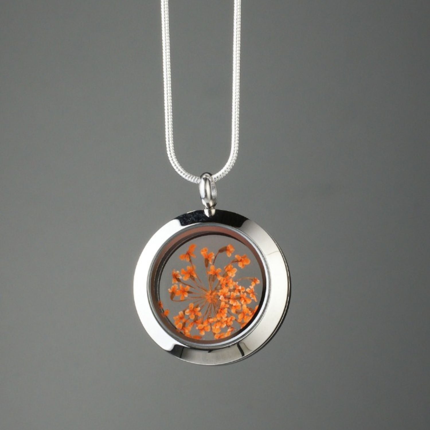 Handmade Carrot Flower Amulet with genuine carrot flowers encased in glass and set in stainless steel, symbolizing growth, nourishment, and personal development.