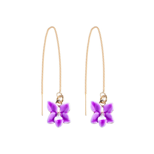 Delicate Pull-Through Dangling Earrings With Orchid Flower
