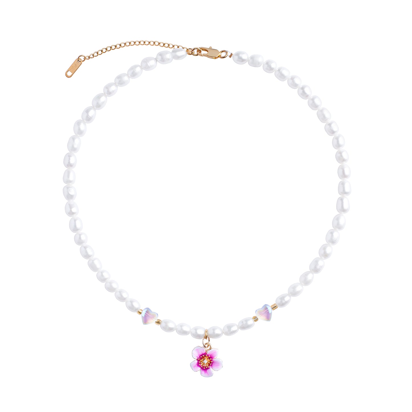 Plumeria Flower And Glass Hearts Beaded Freshwater Perals Necklace