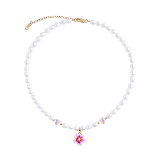 Plumeria Flower And Glass Hearts Beaded Freshwater Perals Necklace