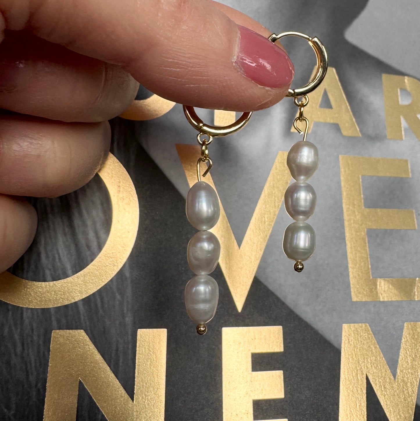 Natural freshwater gold plated pearls earrings with 3 pearls