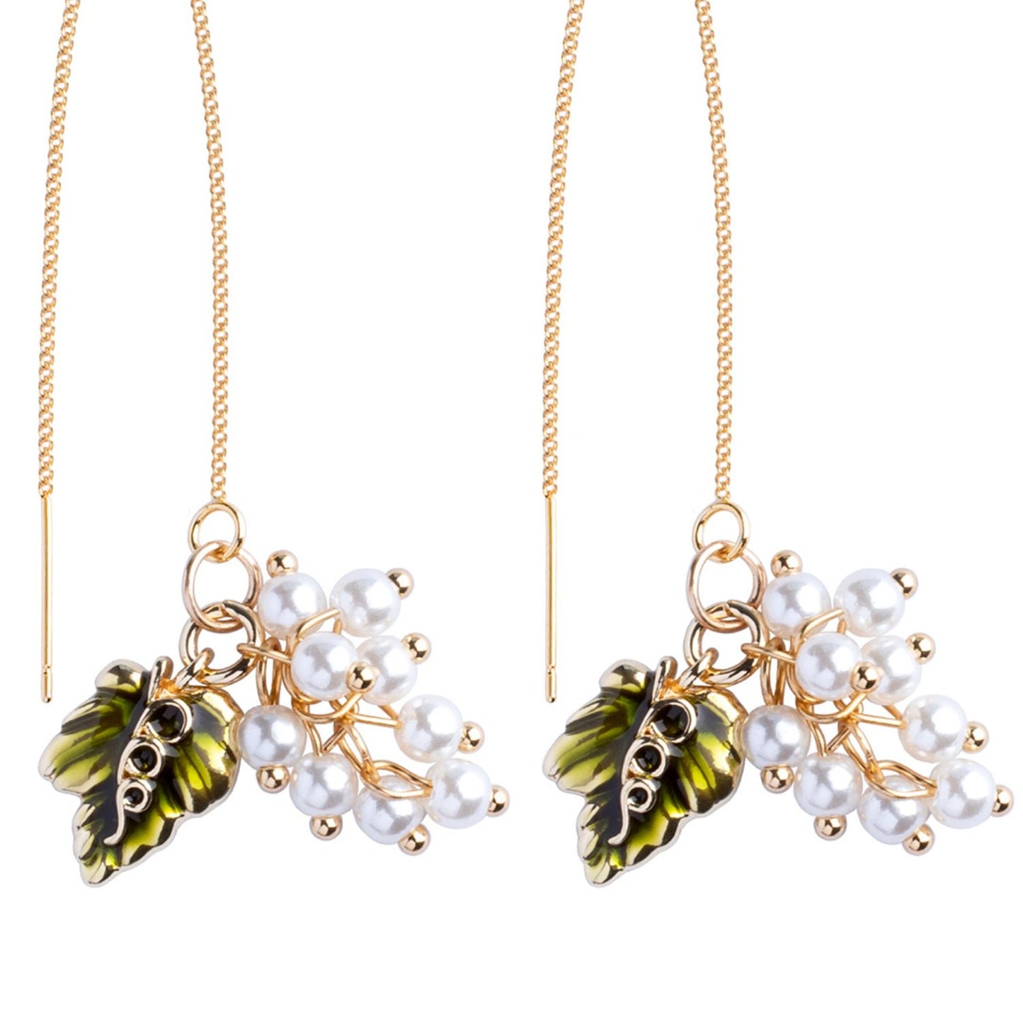 Perveriami auskarai su grandinėle ir perlų karoliukų gėlėmis