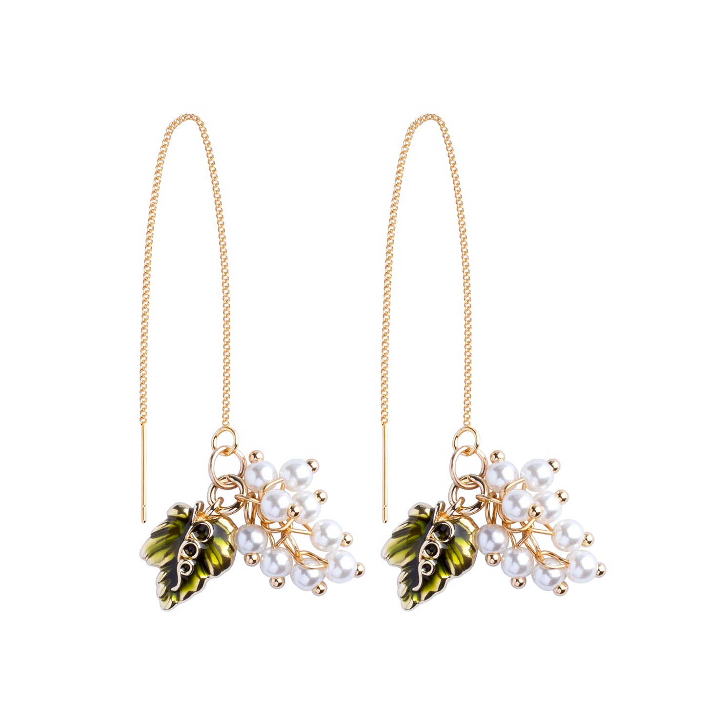 Perveriami auskarai su grandinėle ir perlų karoliukų gėlėmis