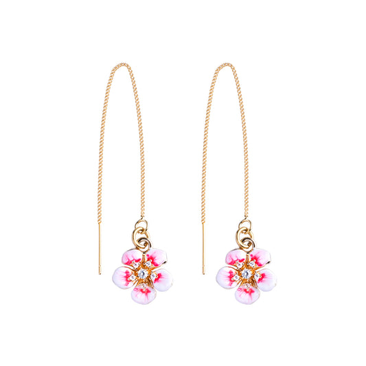 Delicate Pull-Through Dangling Earrings With Pink Flower