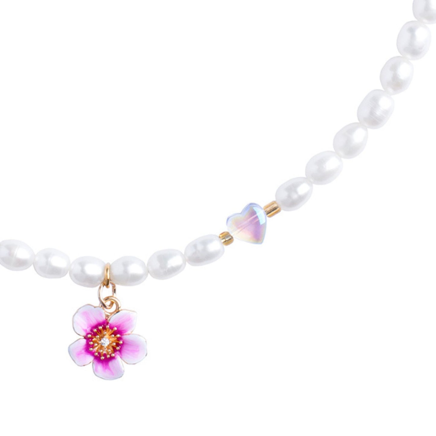 Plumeria Flower And Glass Hearts Beaded Freshwater Perals Necklace